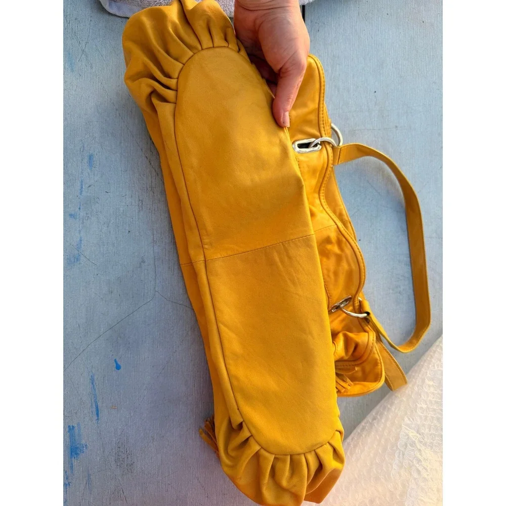 DONALD J PLINER Womens Mustard Yellow Leather Drawstring Hobo Shoulder Bag